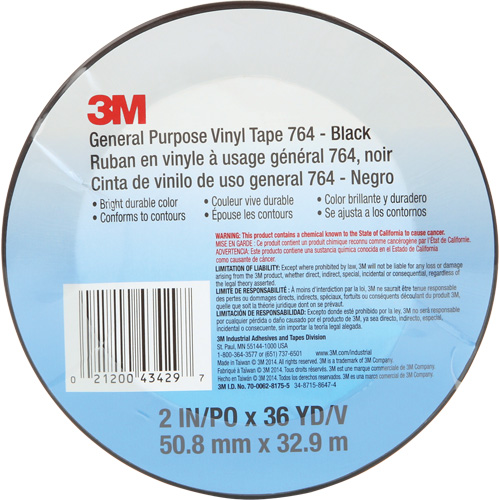 Ruban en vinyle pour travaux g&eacute;n&eacute;raux 764, 50,8 mm (2") la x 32,9 m (108') lo, 5 mils, Noir R.M.G. Prévention