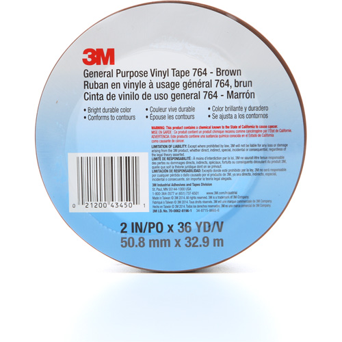 764 General-Purpose Vinyl Tape, 50.8 mm (2") W x 32.9 m (108') L, 5 mils, Brown R.M.G. Prévention