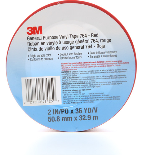 Ruban en vinyle pour travaux g&eacute;n&eacute;raux 764, 50,8 mm (2") la x 32,9 m (108') lo, 5 mils, Rouge R.M.G. Prévention