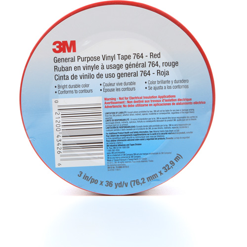 764 General-Purpose Vinyl Tape, 76 mm (3") W x 32.9 m (108') L, 5 mils, Red R.M.G. Prévention