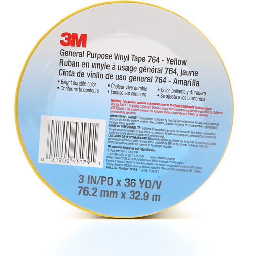764 General-Purpose Vinyl Tape, 76 mm (3") W x 32.9 m (108') L, 5 mils, Yellow R.M.G. Prévention
