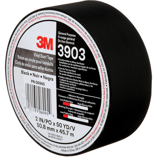 Rubans adh&eacute;sifs en vinyle 3903, 48 mm (2") la x 45 m (148') lo, 6,5 mils, Noir R.M.G. Prévention