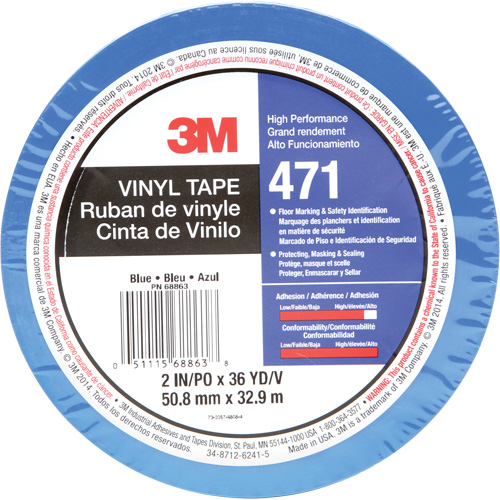 Ruban en vinyle 471, 50,8 mm (2") la x 32,9 m (108') lo, 5,2 mils, Bleu R.M.G. Prévention