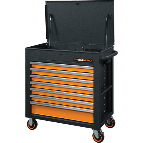 Chariot &agrave; outils s&eacute;rie GSX avec dessus inclin&eacute;, 7 tiroirs, 35" lo x 20" la x 39" h, Noir/Orange R.M.G. Prévention