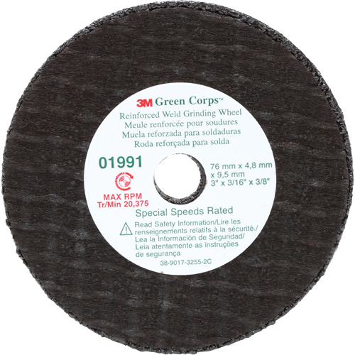 Green Corps Cut-Off Wheel, 3" x 0.188", 3/8" Arbor, Type 1, Aluminum Oxide, 35000 RPM R.M.G. Prévention