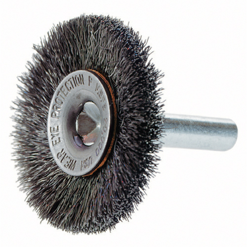 Crimped Wire Wheel Brush with 1/4" Shank, 3" Dia., 0.014" Fill, 1/4" Arbor R.M.G. Prévention