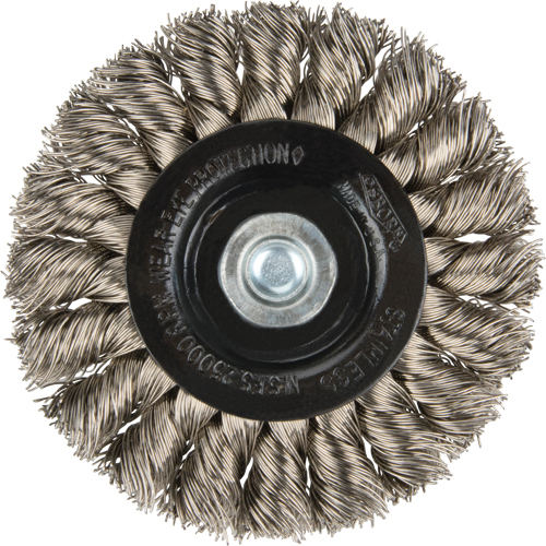 Brosses rotatives &agrave; fils nou&eacute;s - Brosse rotative &agrave; fils nou&eacute;s a/queue 1/4", Fils nou&eacute;s standards, Dia. 3", Fils 0,014", Acier inoxydable R.M.G. Prévention