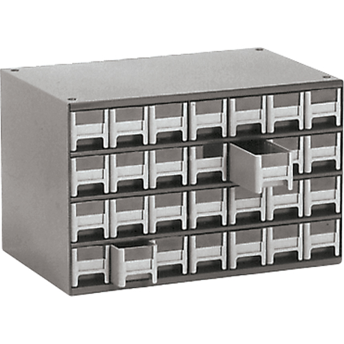 Casiers modulaires pour pi&egrave;ces, Acier, 28 tiroirs, 17" x 10-9/16" x 2-2/16", Gris R.M.G. Prévention