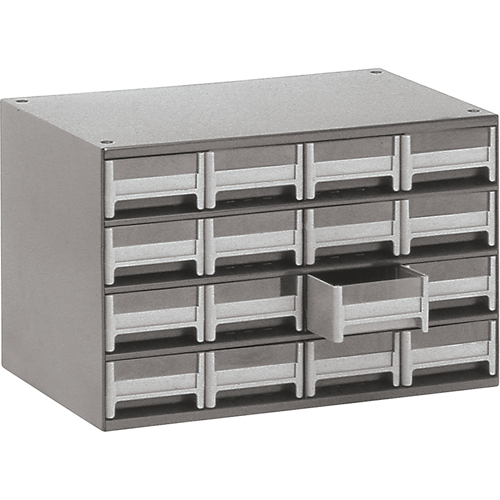 Casiers modulaires pour pi&egrave;ces, Acier, 16 tiroirs, 17" x 10-9/16" x 2-1/8", Gris R.M.G. Prévention