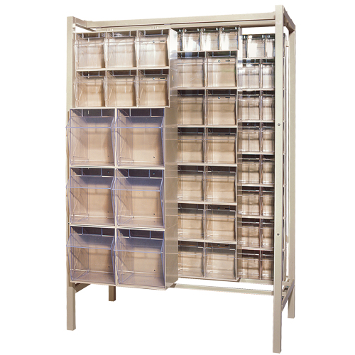 Syst&egrave;me de stockage &agrave; glissi&egrave;re &agrave; bacs basculants autonome, 51-1/4" la x 26" p x 77" h, 101 tiroirs R.M.G. Prévention