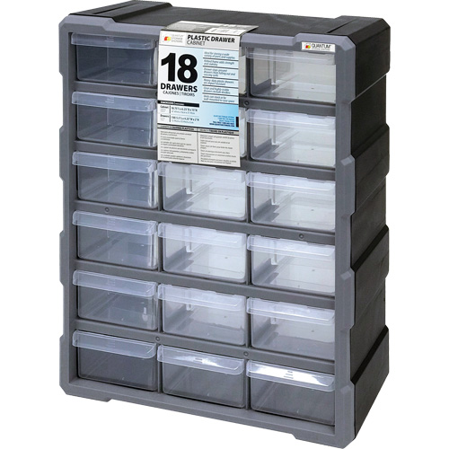 Drawer Cabinet, Plastic, 18 Drawers, 15" x 6-1/4" x 18-3/4", Black R.M.G. Prévention
