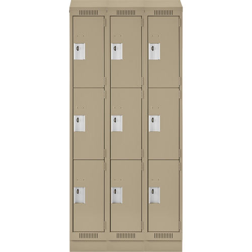 Clean Line Lockers, 3 -tier, Bank of 3, 36" x 18" x 82", Steel, Beige, Rivet (Assembled) R.M.G. Prévention