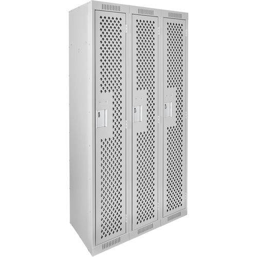 Clean Line Lockers, Bank of 3, 36" x 15" x 72", Steel, Grey, Rivet (Assembled), Perforated R.M.G. Prévention