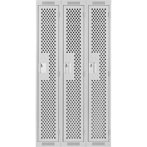 Clean Line Lockers, Bank of 3, 36" x 15" x 72", Steel, Grey, Rivet (Assembled), Perforated R.M.G. Prévention