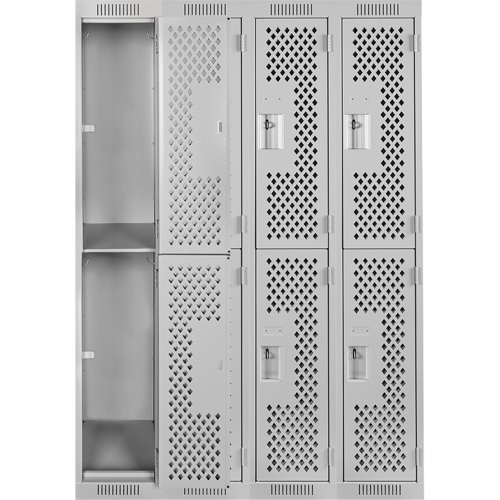 Clean Line Lockers, 2 -tier, Bank of 4, 48" x 15" x 72", Steel, Grey, Rivet (Assembled), Perforated R.M.G. Prévention