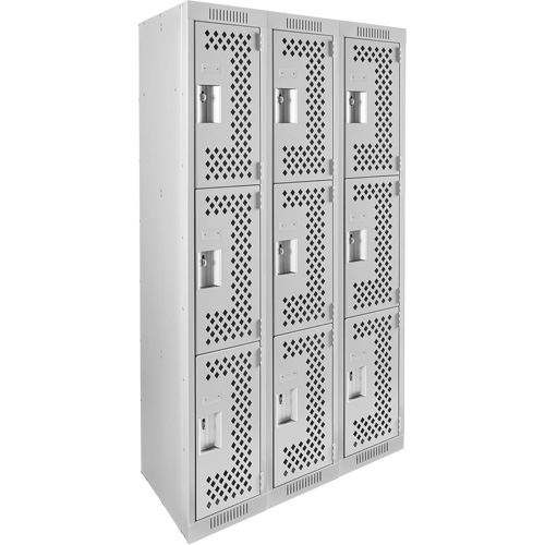 Clean Line Lockers, 3 -tier, Bank of 3, 36" x 12" x 72", Steel, Grey, Rivet (Assembled), Perforated R.M.G. Prévention