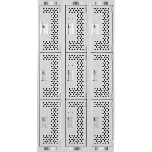 Clean Line Lockers, 3 -tier, Bank of 3, 36" x 12" x 72", Steel, Grey, Rivet (Assembled), Perforated R.M.G. Prévention