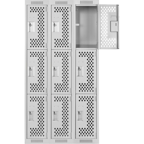 Clean Line Lockers, 3 -tier, Bank of 3, 36" x 12" x 72", Steel, Grey, Rivet (Assembled), Perforated R.M.G. Prévention