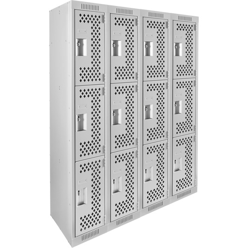 Clean Line Lockers, 3 -tier, Bank of 4, 48" x 12" x 72", Steel, Grey, Rivet (Assembled), Perforated R.M.G. Prévention