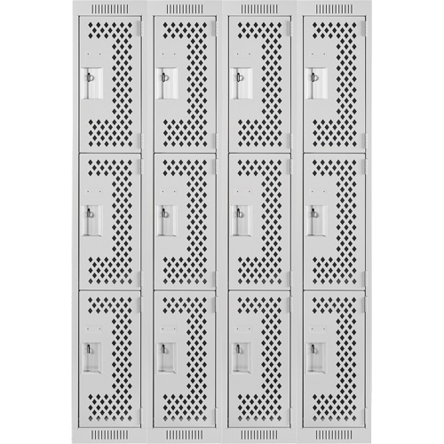 Clean Line Lockers, 3 -tier, Bank of 4, 48" x 12" x 72", Steel, Grey, Rivet (Assembled), Perforated R.M.G. Prévention