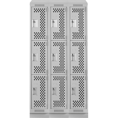 Clean Line Lockers, 3 -tier, Bank of 3, 36" x 18" x 82", Steel, Grey, Rivet (Assembled), Perforated R.M.G. Prévention