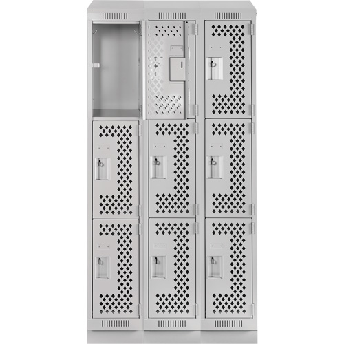 Clean Line Lockers, 3 -tier, Bank of 3, 36" x 18" x 82", Steel, Grey, Rivet (Assembled), Perforated R.M.G. Prévention