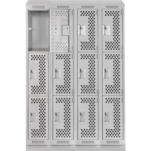 Clean Line Lockers, 3 -tier, Bank of 4, 48" x 18" x 82", Steel, Grey, Rivet (Assembled), Perforated R.M.G. Prévention