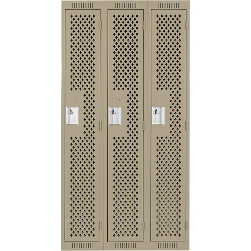 Clean Line Lockers, Bank of 3, 36" x 15" x 72", Steel, Beige, Rivet (Assembled), Perforated R.M.G. Prévention