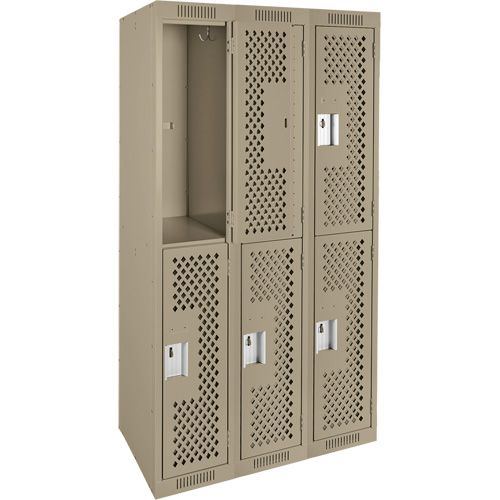 Clean Line Lockers, 2 -tier, Bank of 3, 36" x 15" x 72", Steel, Beige, Rivet (Assembled), Perforated R.M.G. Prévention