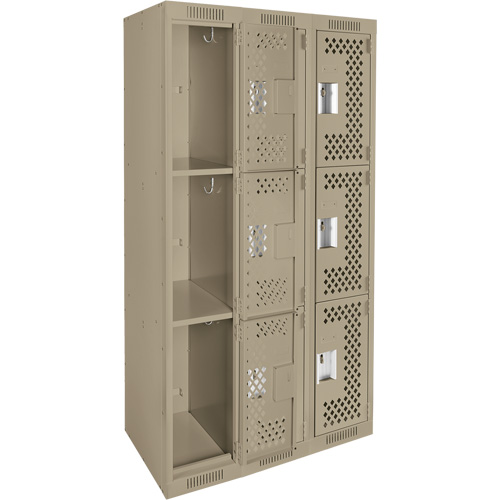 Clean Line Lockers, 3 -tier, Bank of 3, 36" x 12" x 72", Steel, Beige, Rivet (Assembled), Perforated R.M.G. Prévention