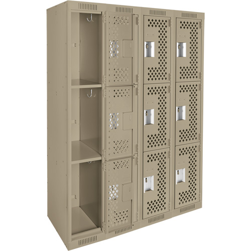 Clean Line Lockers, 3 -tier, Bank of 4, 48" x 12" x 72", Steel, Beige, Rivet (Assembled), Perforated R.M.G. Prévention