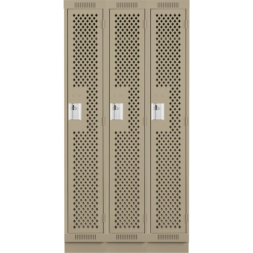 Clean Line Lockers, Bank of 3, 36" x 18" x 76", Steel, Beige, Rivet (Assembled), Perforated R.M.G. Prévention