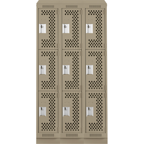 Clean Line Lockers, 3 -tier, Bank of 3, 36" x 18" x 82", Steel, Beige, Rivet (Assembled), Perforated R.M.G. Prévention