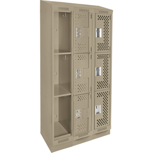 Clean Line Lockers, 3 -tier, Bank of 3, 36" x 18" x 82", Steel, Beige, Rivet (Assembled), Perforated R.M.G. Prévention