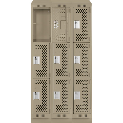 Clean Line Lockers, 3 -tier, Bank of 3, 36" x 18" x 82", Steel, Beige, Rivet (Assembled), Perforated R.M.G. Prévention