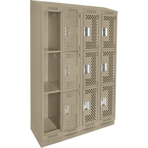 Clean Line Lockers, 3 -tier, Bank of 4, 48" x 18" x 82", Steel, Beige, Rivet (Assembled), Perforated R.M.G. Prévention