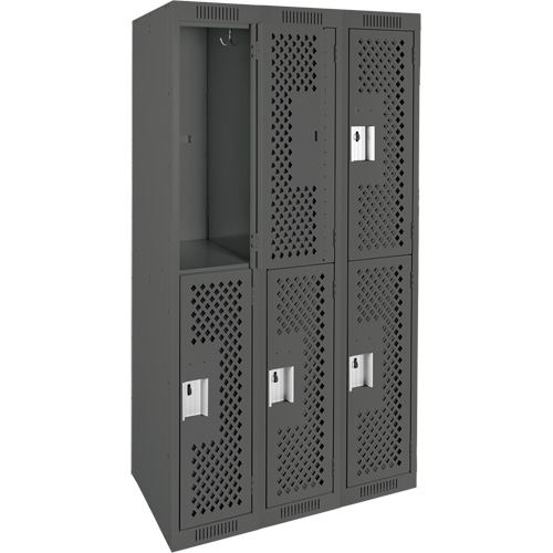 Clean Line Lockers, 2 -tier, Bank of 3, 36" x 15" x 72", Steel, Charcoal, Rivet (Assembled), Perforated R.M.G. Prévention