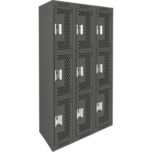 Clean Line Lockers, 3 -tier, Bank of 3, 36" x 12" x 72", Steel, Charcoal, Rivet (Assembled), Perforated R.M.G. Prévention