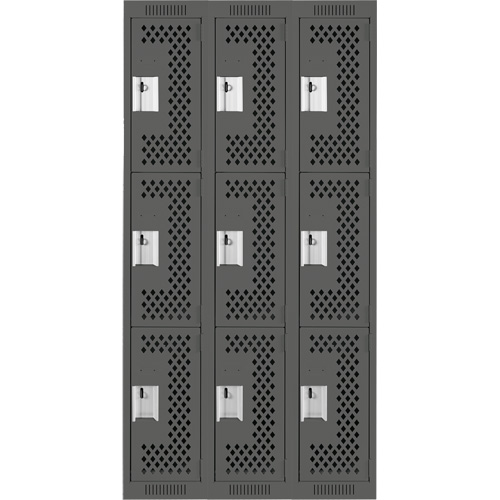 Clean Line Lockers, 3 -tier, Bank of 3, 36" x 12" x 72", Steel, Charcoal, Rivet (Assembled), Perforated R.M.G. Prévention