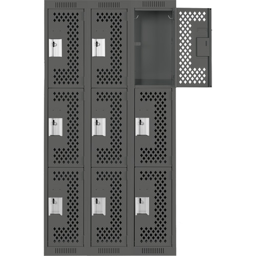 Clean Line Lockers, 3 -tier, Bank of 3, 36" x 12" x 72", Steel, Charcoal, Rivet (Assembled), Perforated R.M.G. Prévention