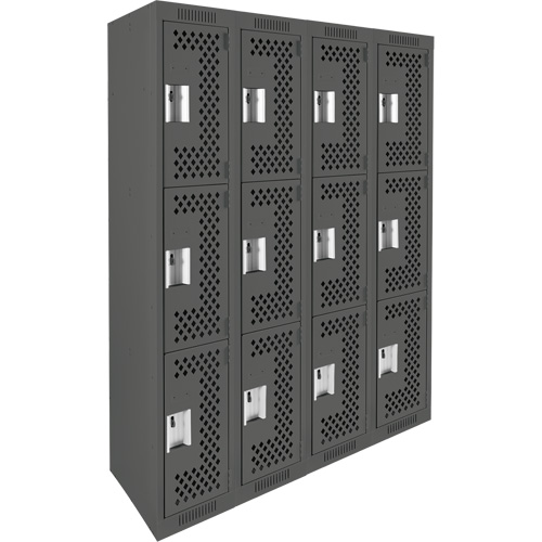 Clean Line Lockers, 3 -tier, Bank of 4, 48" x 12" x 72", Steel, Charcoal, Rivet (Assembled), Perforated R.M.G. Prévention