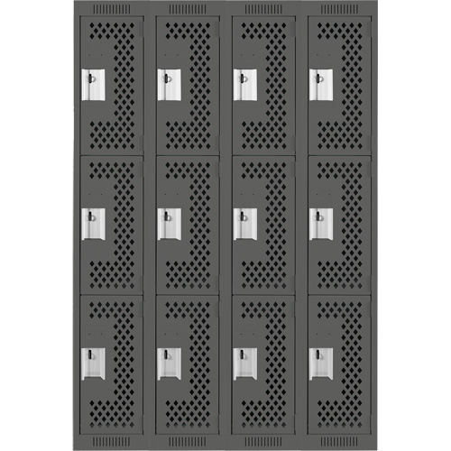 Clean Line Lockers, 3 -tier, Bank of 4, 48" x 12" x 72", Steel, Charcoal, Rivet (Assembled), Perforated R.M.G. Prévention