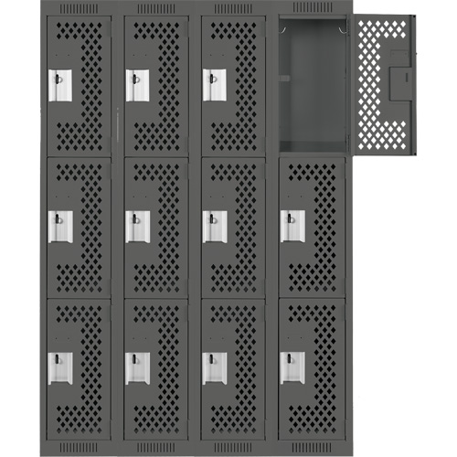 Clean Line Lockers, 3 -tier, Bank of 4, 48" x 12" x 72", Steel, Charcoal, Rivet (Assembled), Perforated R.M.G. Prévention
