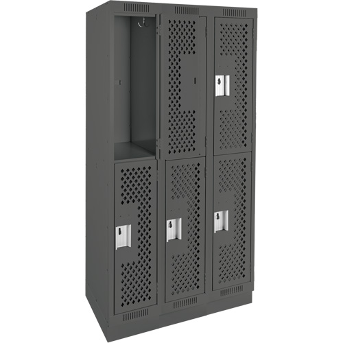Clean Line Lockers, 2 -tier, Bank of 3, 36" x 12" x 76", Steel, Charcoal, Rivet (Assembled), Perforated R.M.G. Prévention