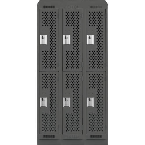 Clean Line Lockers, 2 -tier, Bank of 3, 36" x 12" x 82", Steel, Charcoal, Rivet (Assembled), Perforated R.M.G. Prévention