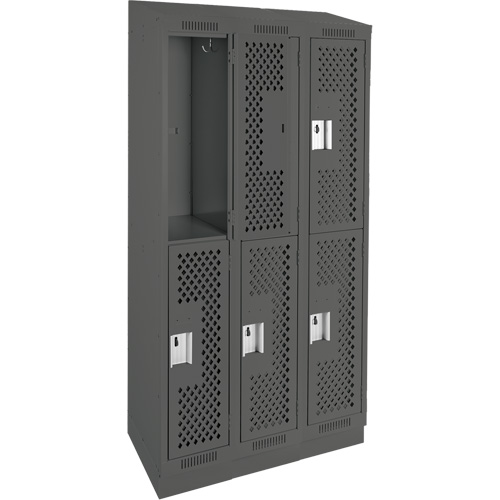 Clean Line Lockers, 2 -tier, Bank of 3, 36" x 12" x 82", Steel, Charcoal, Rivet (Assembled), Perforated R.M.G. Prévention
