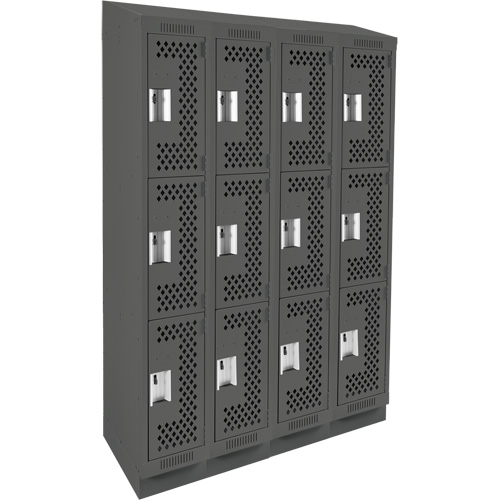 Clean Line Lockers, 3 -tier, Bank of 4, 48" x 18" x 82", Steel, Charcoal, Rivet (Assembled), Perforated R.M.G. Prévention