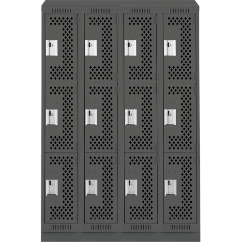 Clean Line Lockers, 3 -tier, Bank of 4, 48" x 18" x 82", Steel, Charcoal, Rivet (Assembled), Perforated R.M.G. Prévention