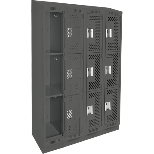 Clean Line Lockers, 3 -tier, Bank of 4, 48" x 18" x 82", Steel, Charcoal, Rivet (Assembled), Perforated R.M.G. Prévention