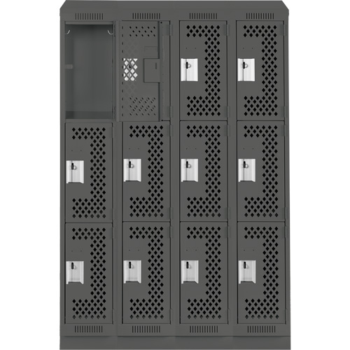 Clean Line Lockers, 3 -tier, Bank of 4, 48" x 18" x 82", Steel, Charcoal, Rivet (Assembled), Perforated R.M.G. Prévention